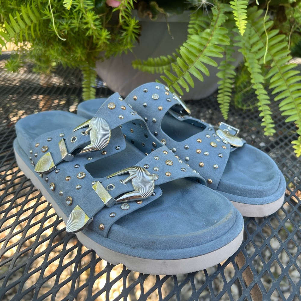 Western Studded Blue Slide Sandals